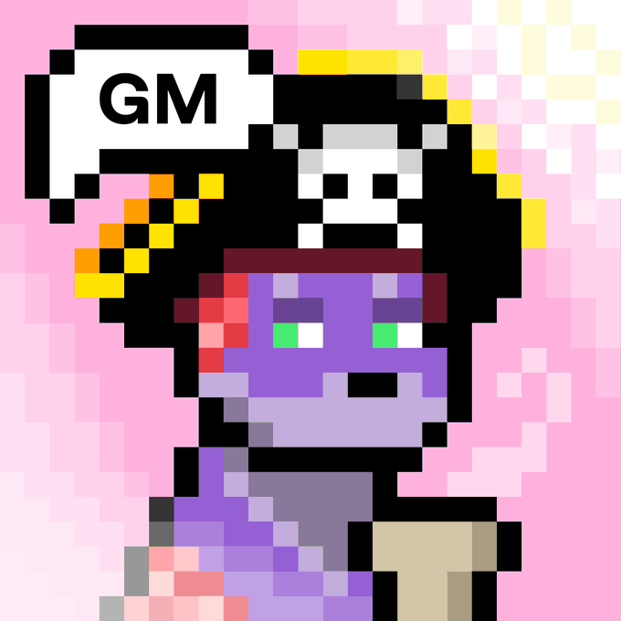 Pixel art of a purple character with a skull hat and green eyes saying 'GM' in a speech bubble, set against a pink and yellow gradient background.