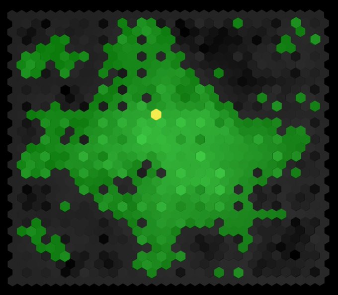 The image features a map with a green hexagonal pattern, which appears to be a digital art piece or a tile-based game. The map has a black background, making the green hexagons stand out prominently. There are several tiles scattered across the image, some overlapping each other and others placed separately. A yellow dot is located in the center of the map, drawing attention to its position.

The post about the map includes information about a specific version called Tile 15,20 of Etheria v0.9. This version sells for 2.99 ETH, which means it's an exclusive edition or collector's item. The image also mentions that owning just one tile is considered an achievement in this particular version.