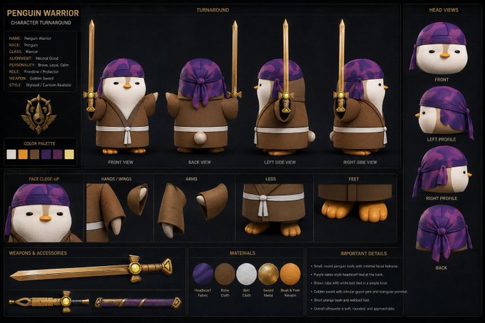 A character turnaround sheet titled "PENGUIN WARRIOR" details a penguin-themed warrior character named Panjesh, showing front, back, and side views, along with head views, weapon accessories, materials (Headscarf Fabric, Robe Cloth, Belt Cloth, Sword Base, Beads & Feat Beads), and color palette information.