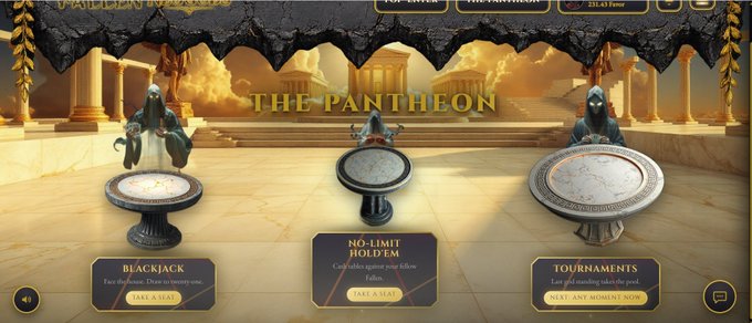 A screenshot of an online casino lobby called 'THE PANTHEON' featuring three gaming options: 'BLACKJACK' (Face the dealer. Draw as twenty one.), 'NO-LIMIT HOLD'EM' (Go all-in against your fellow Table players.), and 'TOURNAMENTS' (Last grid standing takes the pool), with a coin balance showing '231.43 Coins'.