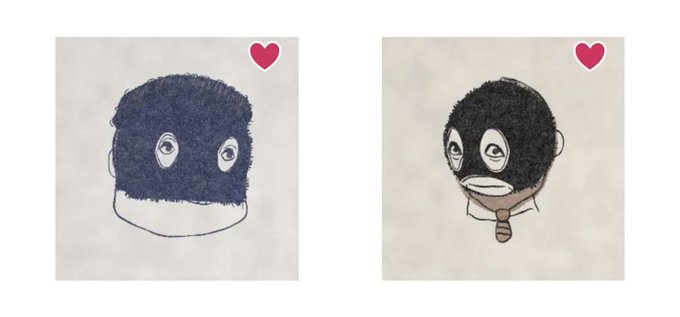 Two handwritten note cards with a red heart sticker each: one depicting a cartoon character with a knitted hat and the other showing a face with a tie.