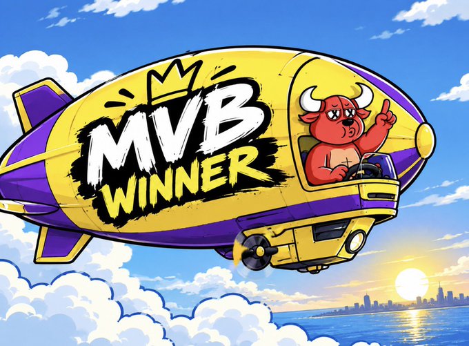 A cartoon illustration of a yellow and purple blimp with 'MVB WINNER' text, featuring a red horned character piloting it against a sky background.