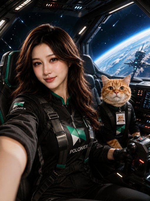 A woman in a "POLONIEX" flight suit takes a selfie in a spacecraft cockpit alongside an orange cat crewmate wearing a Poloniex ID badge, with a planet and space station visible through the window — visually echoing the post's "On our way. No detours. Just conviction" message by framing the journey as a determined mission.