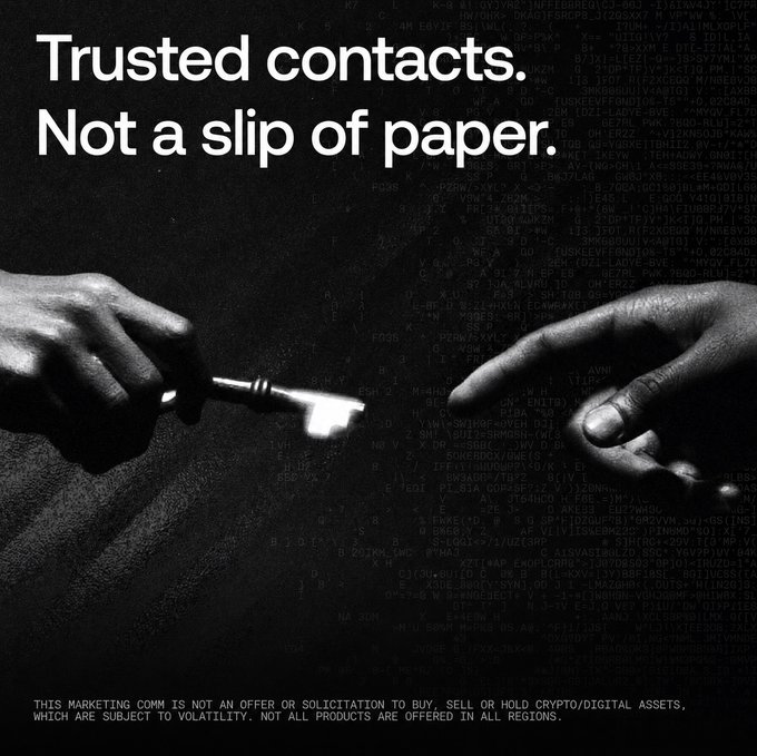 A black-and-white image shows two hands reaching toward each other—one holding a brush as if painting and the other pointing—a visual play on Michelangelo's "Creation of Adam," overlaid with the headline "Trusted contacts. Not a slip of paper." and a background of code. The image ties to the post by visually reinforcing that security is an ongoing, human-driven effort rather than a one-time check, aligning with OKX's message about continuous audits by HackenClub, SlowMist, and CertiK.