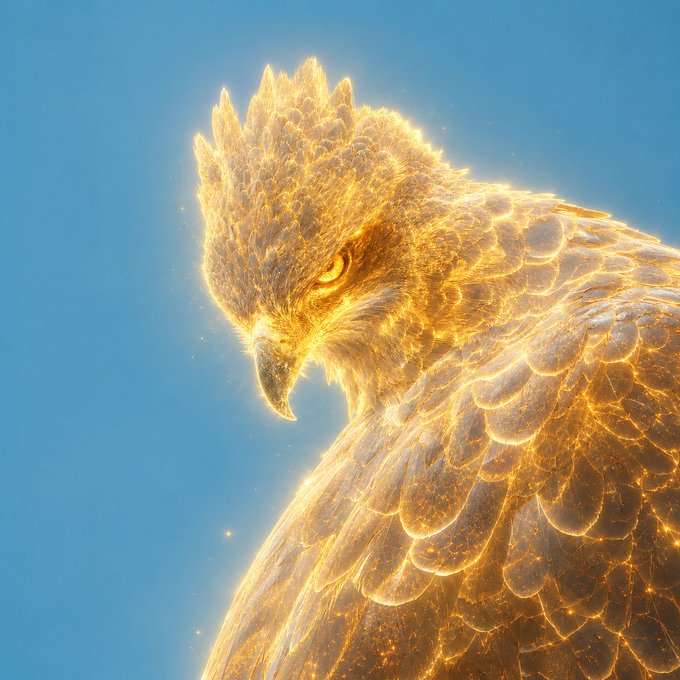 The image features a close-up of an eagle's head, with its golden feathers glowing against a blue sky background. The bird appears to be looking directly at the camera, creating a sense of connection between the viewer and the subject. The image is accompanied by text that reads "Two Projects I love are @pendle_fi and @protocol_fx" and "now you can make MASSIVE PROFIT from both: Current fxSAVE Market on ETH: * Market: fxSAVE 29OCT2026 * Underlying APY: 6.71% (generated from wstETH and wBTC trading fees and collateral yields)". This suggests that the eagle's radiant appearance might be related to a cryptocurrency project, possibly involving the use of golden feathers as a symbol or visual representation for the digital currency being promoted.
