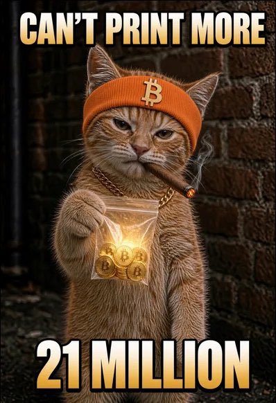 A meme image shows a cat wearing an orange Bitcoin beanie and gold chain, smoking a cigar and holding a bag of gold Bitcoin coins, with text reading 'CAN'T PRINT MORE 21 MILLION'.