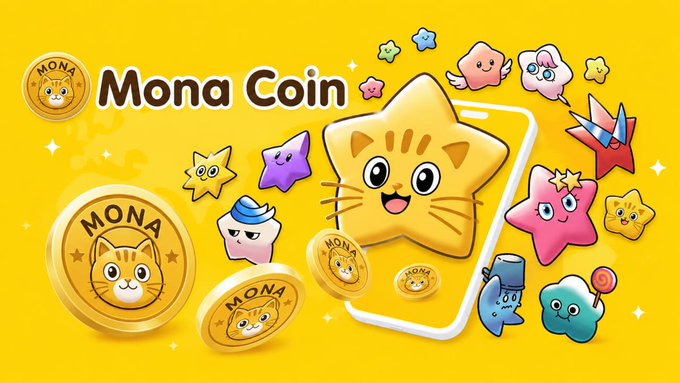 The image is a promotional graphic for "Mona Coin," featuring golden coins with cat logos labeled "MONA," surrounded by cute cartoon characters like stars, clouds, and a cat popping out of a smartphone. The bright yellow design ties into the accompanying post, which advertises a giveaway of 200,000 Mona tokens to the first 1,000 Solana wallets that participate in the airdrop by retweeting and dropping their $SOL address.