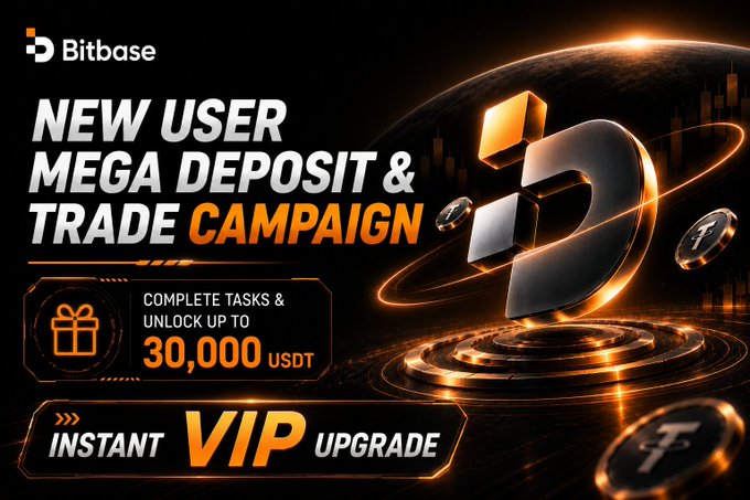 A promotional banner for Bitbase advertising a 'NEW USER MEGA DEPOSIT & TRADE CAMPAIGN' with up to 30,000 USDT rewards and an 'INSTANT VIP UPGRADE' offer.
