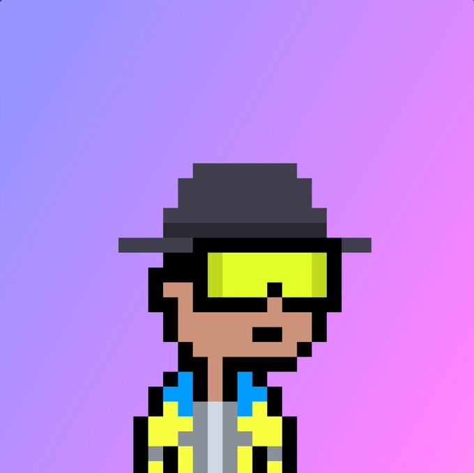 Pixel art character with yellow/green glasses, a dark gray fedora hat, and a yellow/blue jacket, set against a purple/pink gradient background.