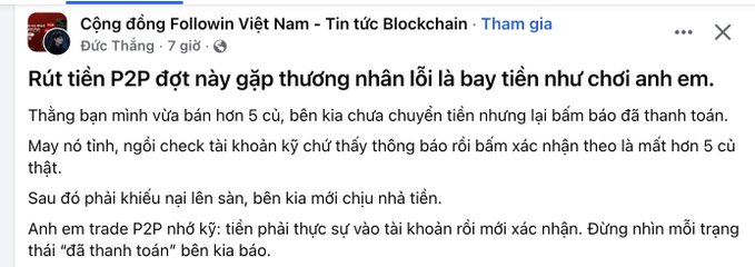 A Facebook post warning about a P2P trading scam where someone lost 5 'cú' (currency units) because the scammer marked the transaction as 'paid' without actually sending money.