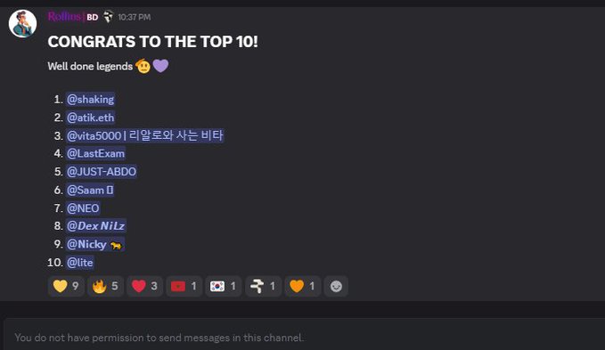 Discord message congratulating 'TOP 10!' with a list of usernames including @shaking, @atik.eth, and others, ending with a 'You do not have permission to send messages in this channel' notice.