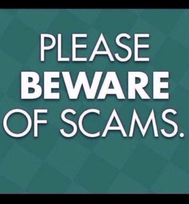 A green graphic with a subtle checkered pattern displaying the warning text 'PLEASE BEWARE OF SCAMS.' in white capital letters.