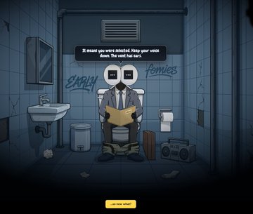 A pixel-art style illustration depicts a character sitting on a toilet in a graffiti-covered bathroom, with a speech bubble reading 'It means you were selected. Keep your voice down. Tile and bar ears.'