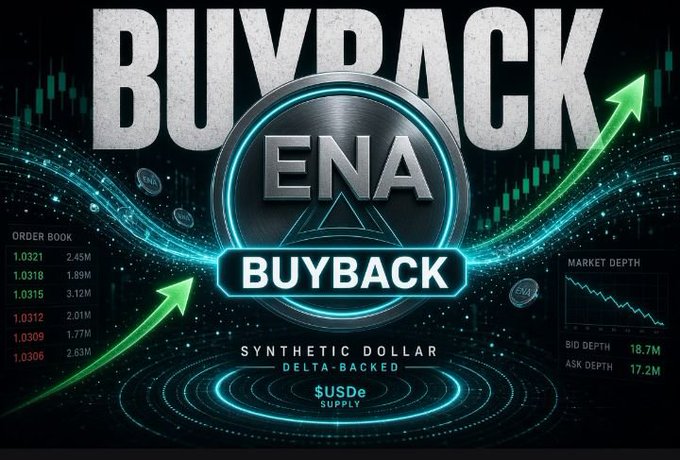 Crypto 'BUYBACK' promotional graphic for ENA, describing it as a 'SYNTHETIC DOLLAR DELTA-BACKED $USDe SUPPLY,' with order book data on the left and market depth (Bid 18.7M, Ask 17.2M) on the right, overlaid with green upward arrows.