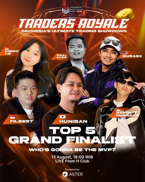 A promotional poster for 'Traders Royale', Indonesia's Ultimate Trading Showdown, advertising a Top 5 Grand Finalist event on 13 August at 18:00 WIB Live from H Club.