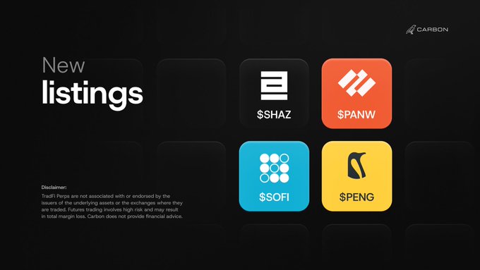 Carbon trading platform promotional graphic announcing new listings including $SHAZ, $PANW, $SOFI, and $PENG, with a disclaimer that TradeIt Perps are not affiliated with or endorsed by the issuers.