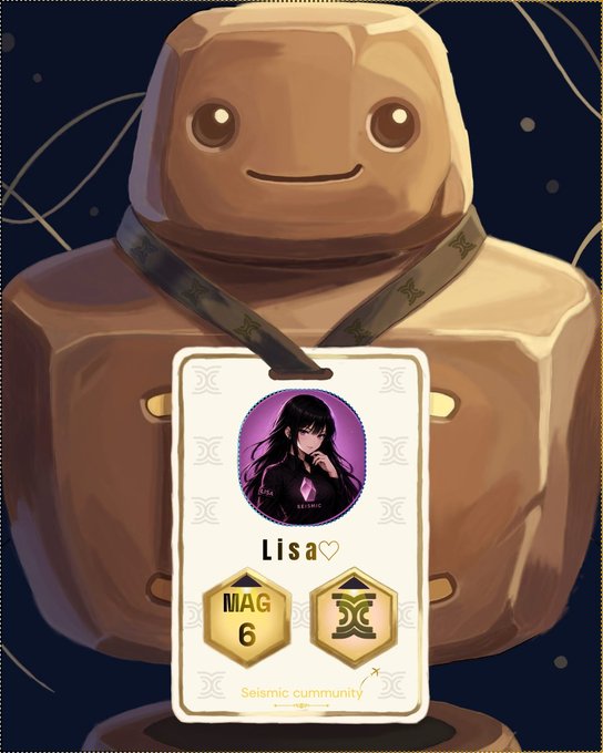 A digital illustration of a cute, smiling rock-like character wearing a lanyard with an ID card that reads 'Lisa' alongside a 'MAG 6' icon and the text 'Seismic cummunity'.