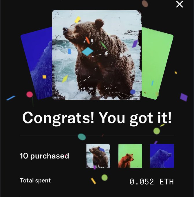 The image features a screenshot of a credit card purchase page, with the text "Congratulations! You got it!". There are multiple images displayed under this section, including one image of an animal (a brown bear) facing right. The background of the image appears to be black and white.