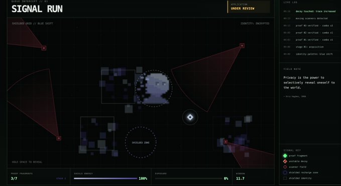 A dark-themed tactical interface titled "SIGNAL RUN" displays a pixelated blue anomaly on a grid map, surrounded by red radar cones and showing "INTEGRITY ENCRYPTED," "CORRUPTION 0%," and "RADIUS 13.7."