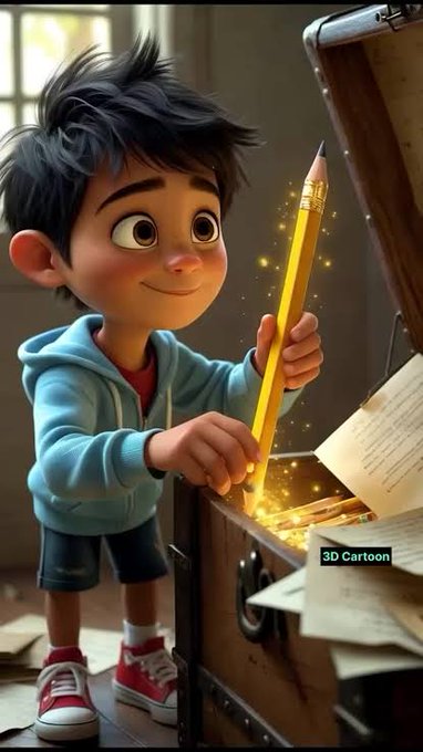 The image features a cartoon boy holding a yellow pencil, standing next to a wooden chest or trunk with papers inside of it. The caption reads "3D Cartoons" and there are two other sentences that read "Most meme projects explode during launch hype... then slowly fade into the background." The post seems to be discussing the differences between traditional meme culture (focused on short-term attention) and a more narrative-driven approach, as seen in the 3D Cartoons project.