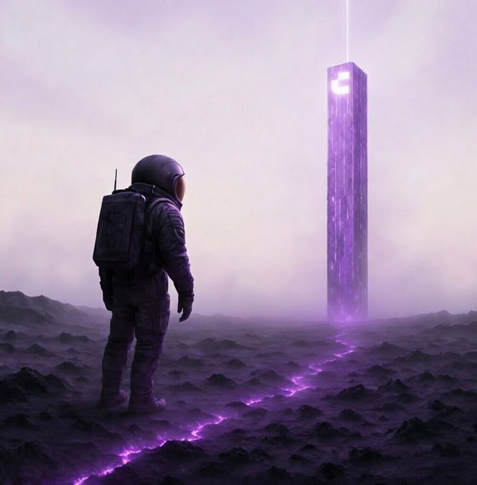 An astronaut in a suit stands on a rocky, purple-hued alien landscape, gazing toward a glowing purple monolith with a white symbol that shoots a beam of light into the sky.