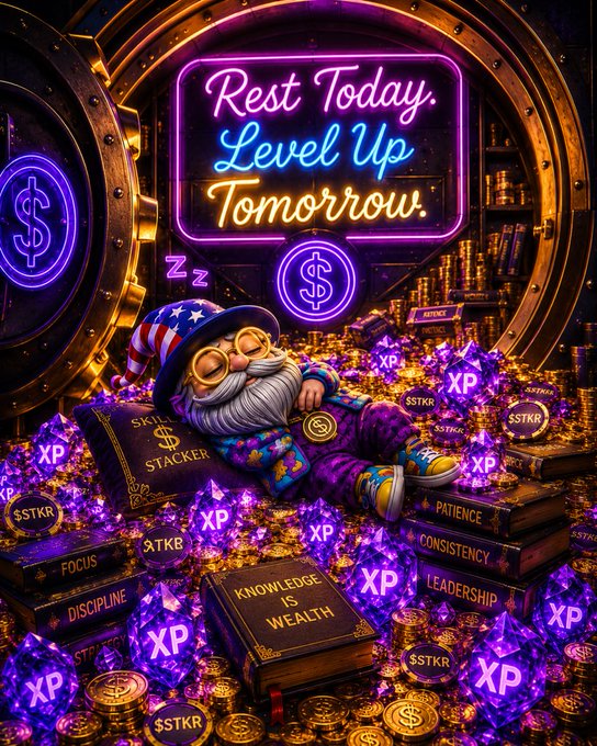 A vibrant neon-style illustration featuring a sleeping gnome surrounded by gold coins, purple XP gems, and stacks of books labeled with words like 'KNOWLEDGE IS WEALTH', 'PATIENCE', 'CONSISTENCY', and 'LEADERSHIP', with a neon sign reading 'Rest Today. Level Up Tomorrow.'
