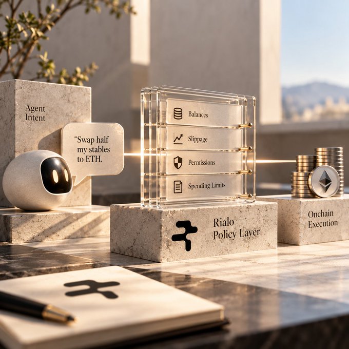 A 3D-rendered promotional image for "Rialo Policy Layer" showing a robot character with a speech bubble saying "Swap half my stables to ETH," alongside labeled components including "Agent Intent," "Balances," "Slippage," "Permissions," and "Spending Limits," and an ETH coin labeled "Onchain Execution."
