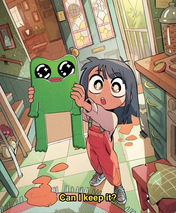 An anime-style illustration of a girl with dark hair holding up a green frog plushie with sparkly eyes, with the caption 'Can I keep it?'