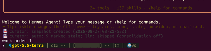 A terminal window displaying a welcome message for 'Hermes Agent' with command output showing marked stales for curator and liveness, along with a work order for 'gpt-5.6-terra'.