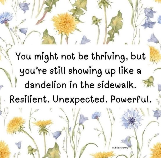 An inspirational quote card decorated with watercolor illustrations of dandelions and bluebells that reads: 'You might not be thriving, but you're still showing up like a dandelion in the sidewalk. Resilient. Unexpected. Powerful.'