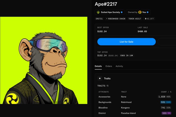 An Ape#2217 NFT listing page shows a cartoon ape against a neon green background, labeled “Sulted Ape Society,” “Owned by You,” “ROBINHOOD CHAIN,” and “TOKEN #2217,” with Best Offer $192.24, Last Sale $480.03, and a blue “List for Sale” button.