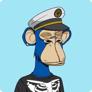 A cartoon illustration of a blue monkey wearing a black and white skeleton shirt and a white captain's hat against a light blue background.