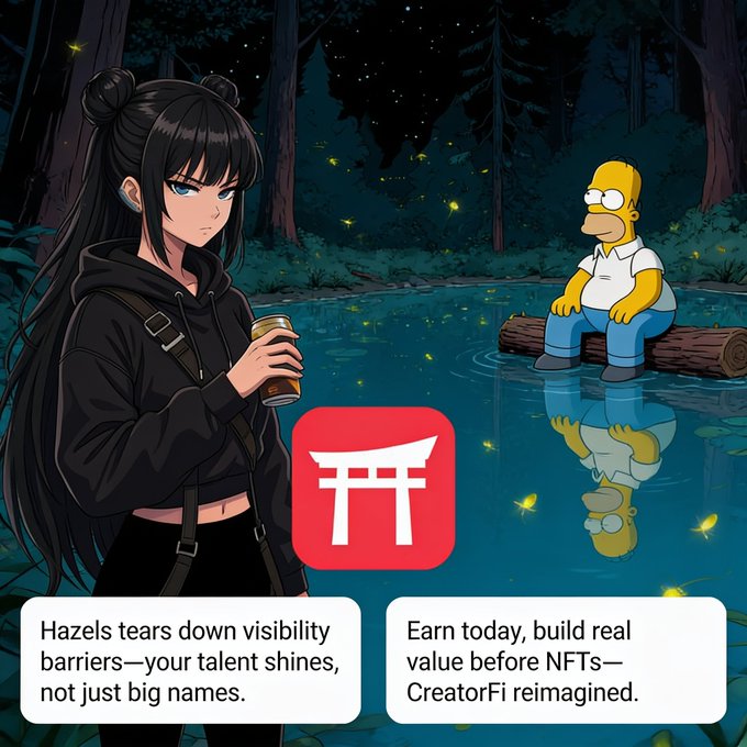 Anime-style illustration featuring a dark-haired character holding a can next to a Homer Simpson figure sitting on a log by water, with a red torii gate app icon and text: 'Hazels tears down visibility barriers—your talent shines, not just big names.' and 'Earn today, build real value before NFTs—CreatorFi reimagined.'