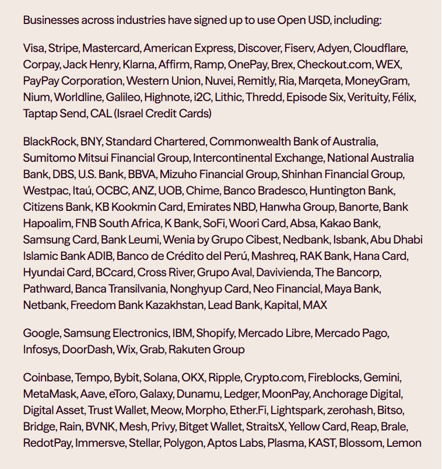 The image lists dozens of companies across payments, banking, tech, and crypto that have signed up to use Open USD, including Visa, Stripe, Mastercard, BlackRock, BNY, Coinbase, Google, and IBM, directly supporting the post's claim about major financial firms launching the new $OUSD stablecoin.