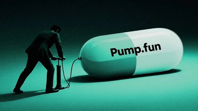 A man in a suit uses a foot pump to inflate a giant teal and white capsule labeled 'Pump.fun', set against a dark green background.