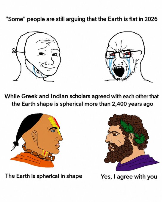 A meme illustrating that while modern people argue about the Earth's shape in 2026, ancient Greek and Indian scholars agreed the Earth was spherical over 2,400 years ago, featuring the Wojak face alongside drawings of the scholars.