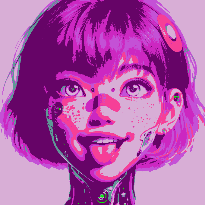 A stylized pop art illustration of a smiling woman with short dark hair rendered in vibrant purple, pink, and magenta tones, featuring cybernetic/futuristic details on her face.