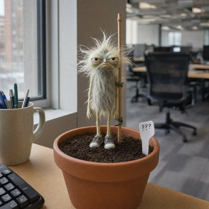 A small, hairy green monster figurine wearing white sneakers and holding a bamboo stick, planted in a terracotta pot on a desk with a label reading '???'.