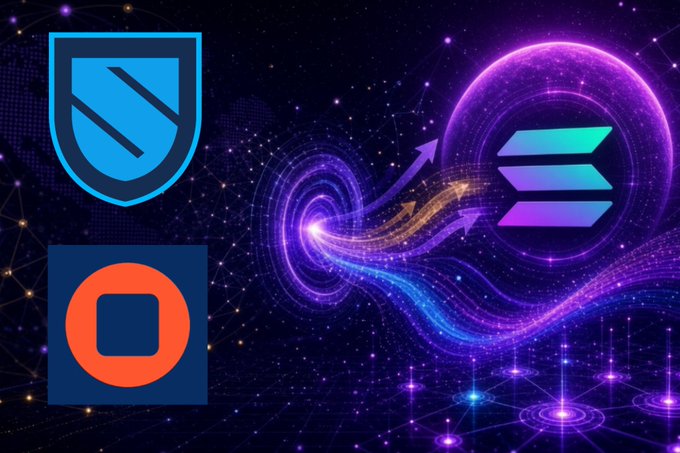 A digital graphic featuring cryptocurrency logos including what appears to be a shield icon and the Solana (SOL) logo against a cosmic purple and blue space-themed background with light streaks.