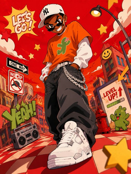 A vibrant 90s-style anime illustration of a confident boy wearing an orange shirt, NY Yankees cap, and chain necklace, with comic-style speech bubbles reading 'LET'S GO!' and 'YEAH!', alongside street signs saying 'ONE WAY' and 'NO CAP'.