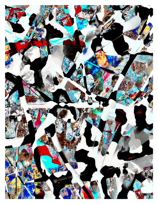 An abstract artwork featuring fragmented, shattered pieces in black, white, red, and blue colors.