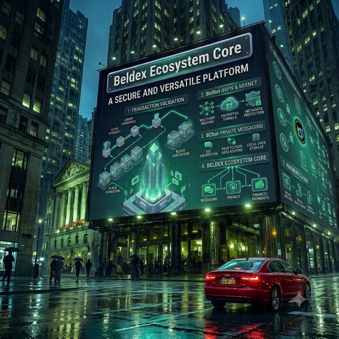 A large illuminated billboard in a rainy city street at dusk advertises the 'Beldex Ecosystem Core' as 'A Secure and Versatile Platform', highlighting features like transaction validation, BelNet dVPN, BChat private messaging, and payments & SSD.