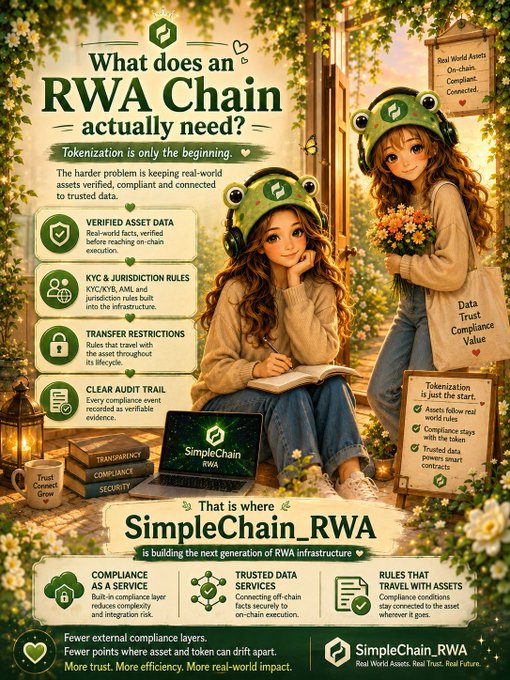 An infographic titled 'What does an RWA Chain actually need?' by SimpleChain_RWA, illustrating features like verified asset data, KYC rules, transfer restrictions, and clear audit trails using an anime-style girl character with a frog hat.