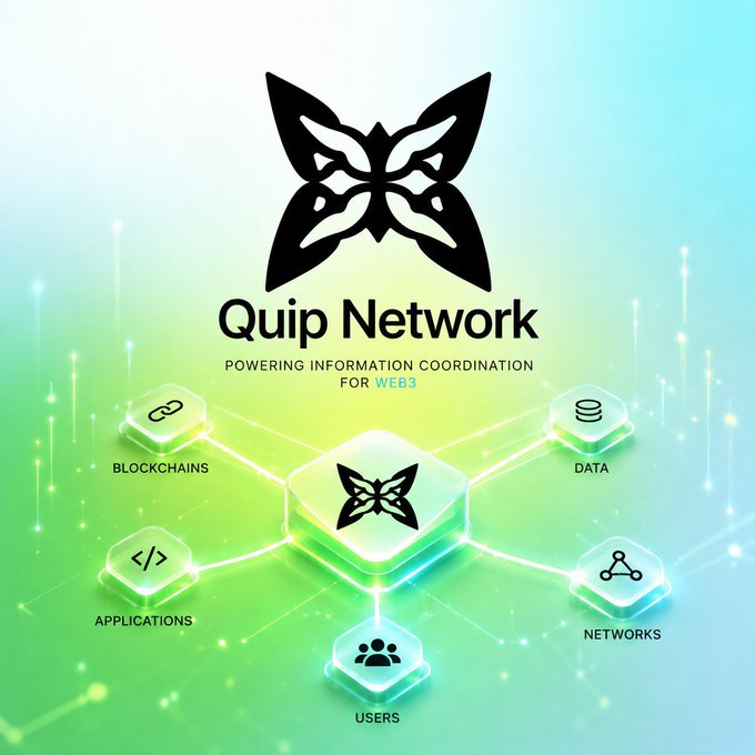 A promotional graphic for Quip Network featuring a butterfly logo and the tagline 'POWERING INFORMATION COORDINATION FOR WEB3', with icons representing BLOCKCHAINS, DATA, APPLICATIONS, NETWORKS, and USERS.