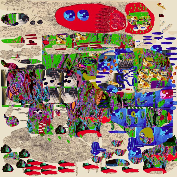 An abstract, highly textured digital artwork composed of distorted shapes, glitchy patterns, and vibrant patches of green, blue, red, and purple resembling a chaotic, fragmented face.