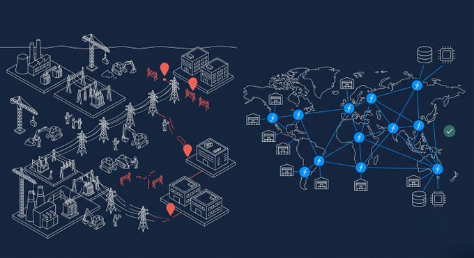 An isometric infographic contrasts traditional power infrastructure (left, showing factories, cranes, and construction with red location pins and worker figures) against a global network map (right, featuring interconnected data center icons with blue nodes and a green checkmark) on a dark blue background. The visual illustrates the post's theme of shifting investment from conventional power construction toward rapidly expanding data center capacity and Filecoin's active, distributed storage network.