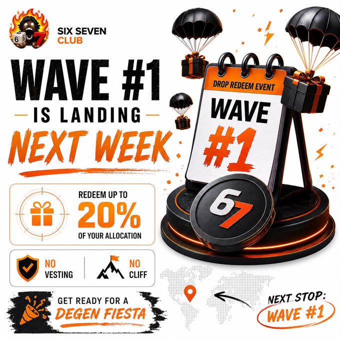 A promotional graphic for 'SIX SEVEN CLUB' announcing 'WAVE #1 IS LANDING NEXT WEEK,' featuring a drop redeem event with up to 20% allocation, no vesting, and no cliff.