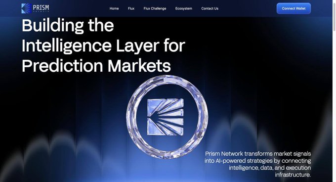 A website homepage for "PRISM" displaying the headline "Building the Intelligence Layer for Prediction Markets" with a crystal-like circular logo and a "Connect Wallet" button.