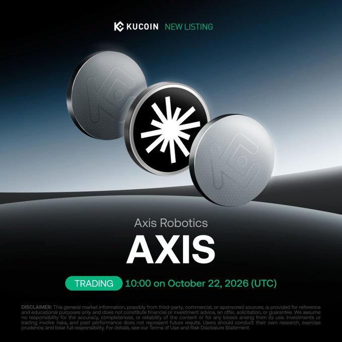 A KuCoin promotional graphic announcing the new listing of Axis Robotics (AXIS), featuring three metallic 3D coins with the AXIS logo, with text indicating trading begins at 10:00 on October 22, 2026 (UTC).