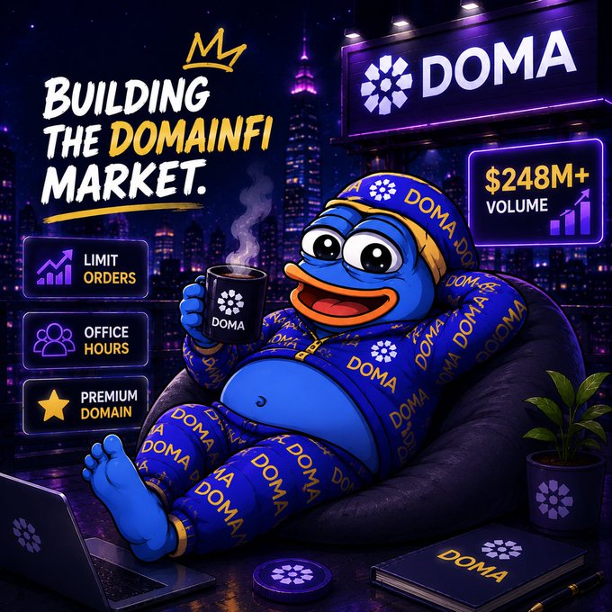 A promotional digital illustration features a relaxed blue penguin mascot wearing gold-rimmed glasses and a DOMA-branded outfit, holding a coffee mug. Text includes 'BUILDING THE DOMAINFI MARKET.', 'LIMIT ORDERS', 'OFFICE HOURS', 'PREMIUM DOMAIN', and a badge showing '$248M+ VOLUME' with an upward trend chart.